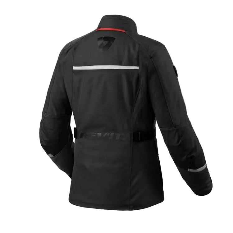 Black motorcycle jacket with reflective stripes on a light gray background