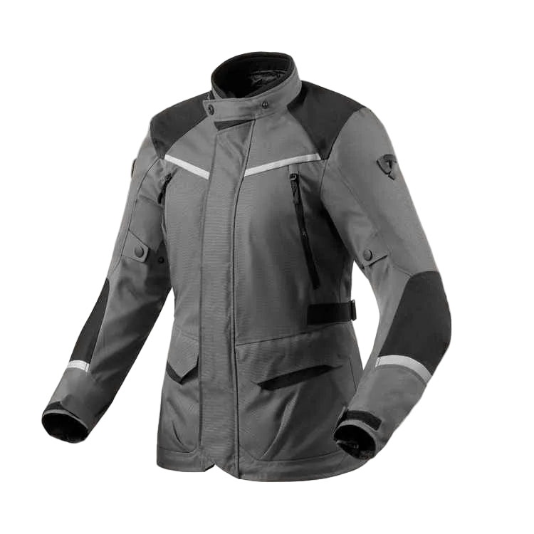 Gray motorcycle jacket with reflective stripes on a white background