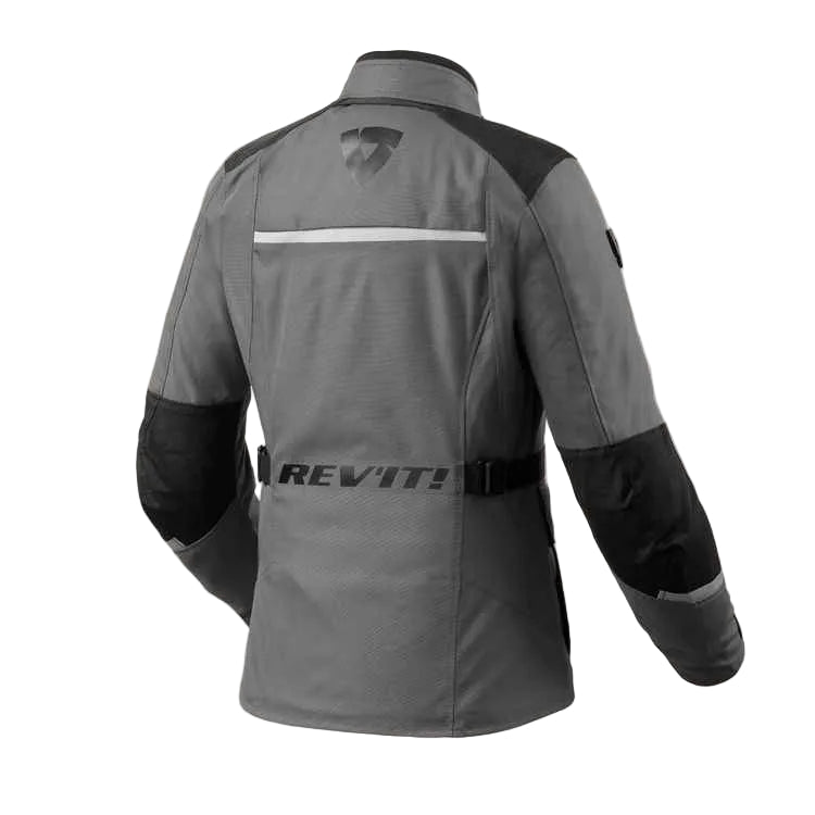 Gray and black motorcycle jacket with Revit! branding on a white background