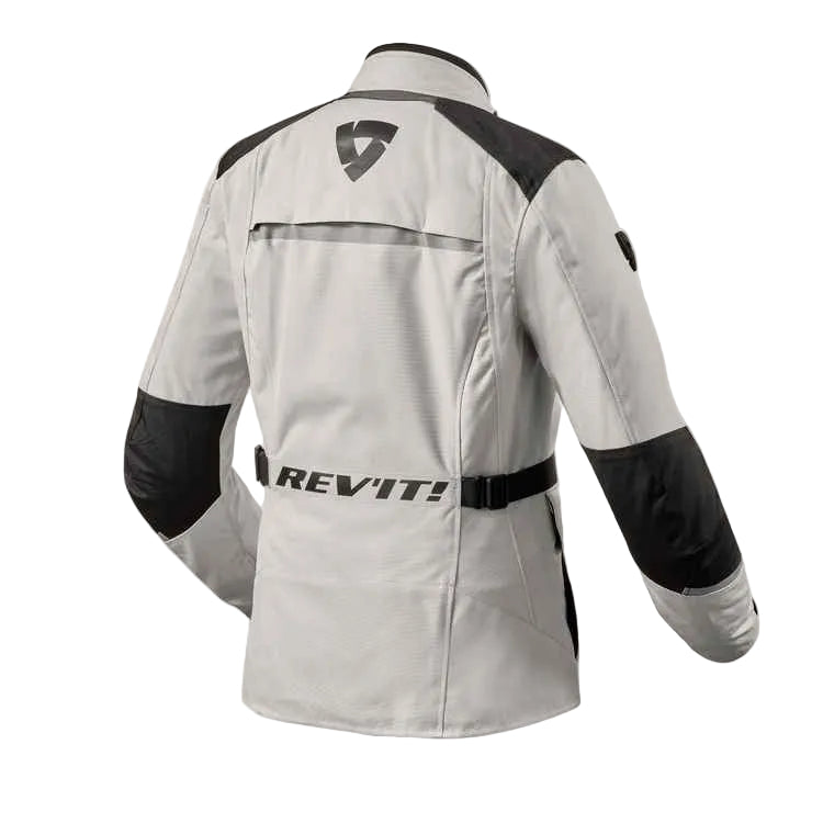 Gray and black motorcycle jacket with Rev'it! logo on a white background