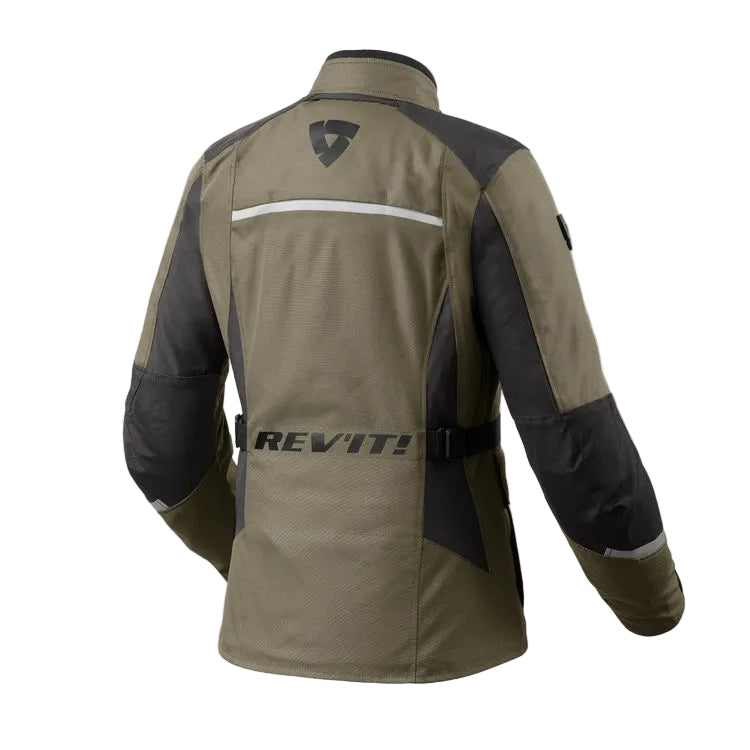 Brown and black motorcycle jacket with Revit logo on a white background