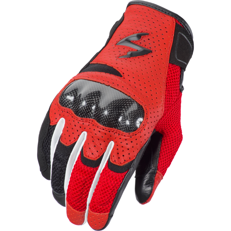 Red and black motorcycle glove on a white background