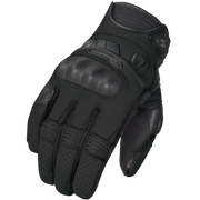 A single black tactical motorcycle glove with protective knuckle guards and textured grip panels, shown on a solid white background.