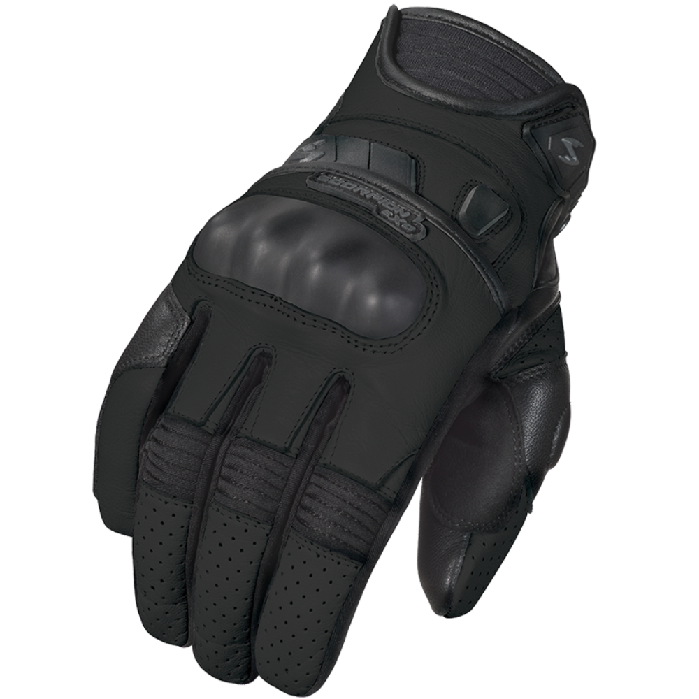 A single black tactical motorcycle glove with protective knuckle guards and textured grip panels, shown on a solid white background.