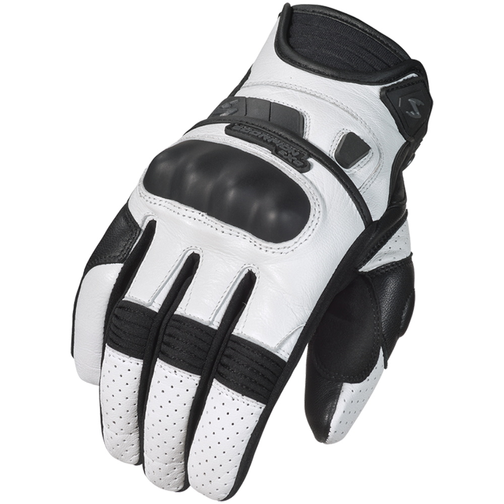 A single white leather motorcycle glove with black protective panels, finger guards, and wrist strap, shown on a solid white background.