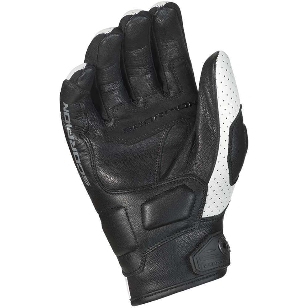 A single black leather motorcycle glove with white perforated panels on the back, shown against a plain white background.
