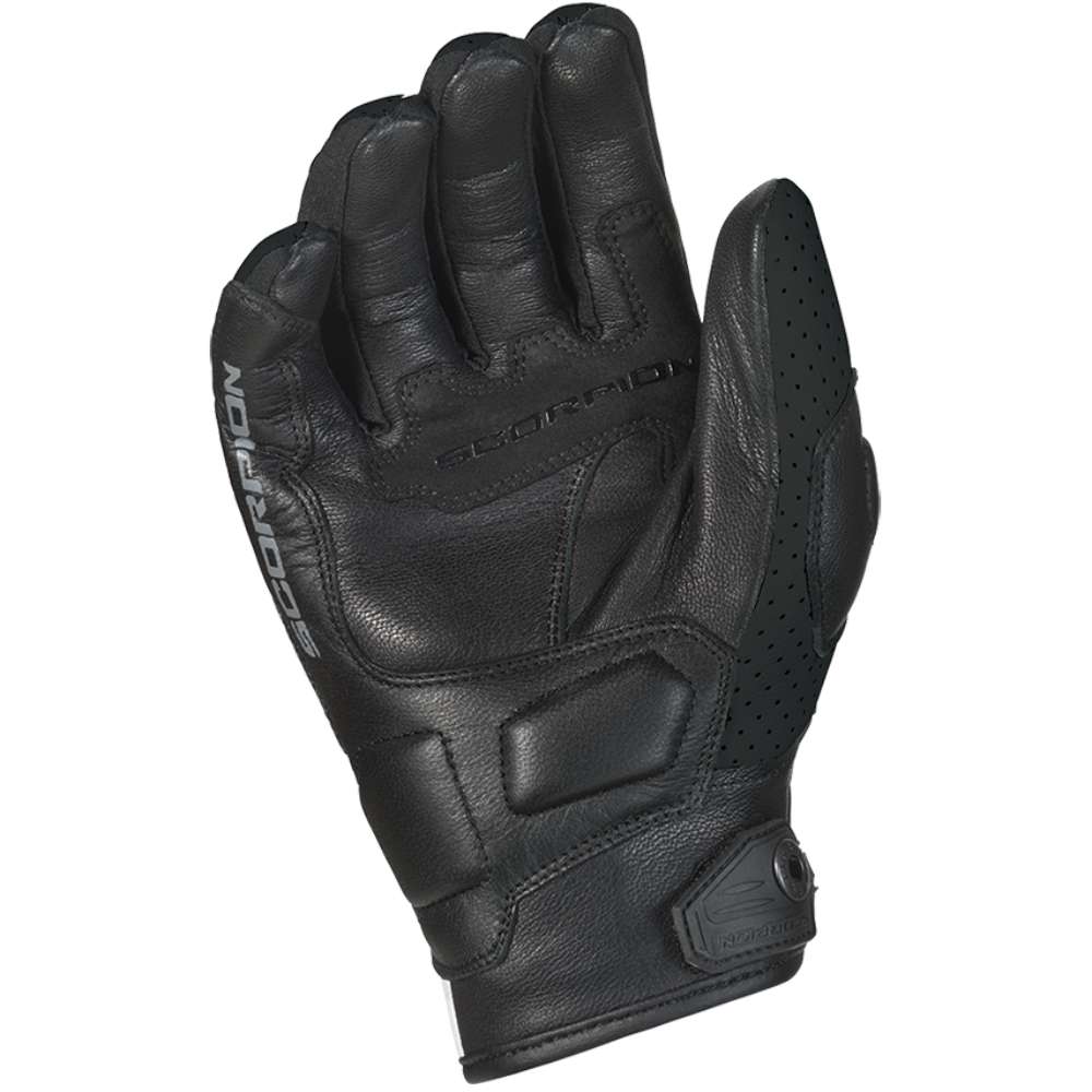 A single black leather motorcycle glove with protective padding and perforated grip panels, shown on a plain white background.