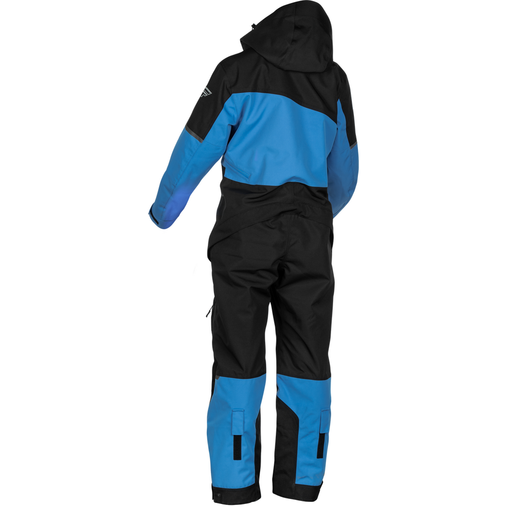 A hooded one-piece snowsuit shown from the back, featuring a color-blocked design with black and bright blue panels, displayed on a white background.
