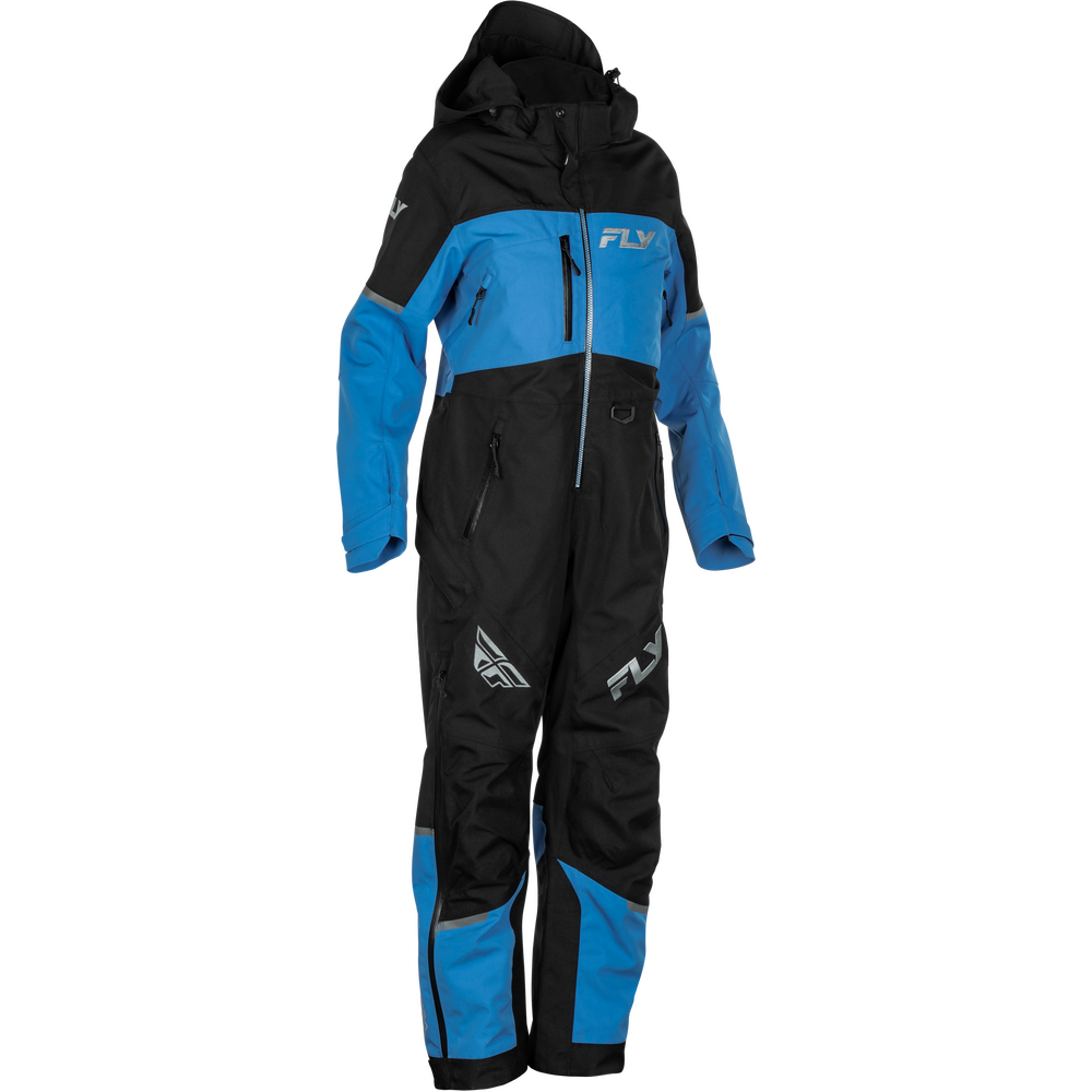 A black and blue fly fishing wetsuit shown on a ghost mannequin against a plain white background. The suit features a black body with bright blue panels on the chest, sleeves, and legs, and the brand name 'FLY' is visible on the chest and thigh.