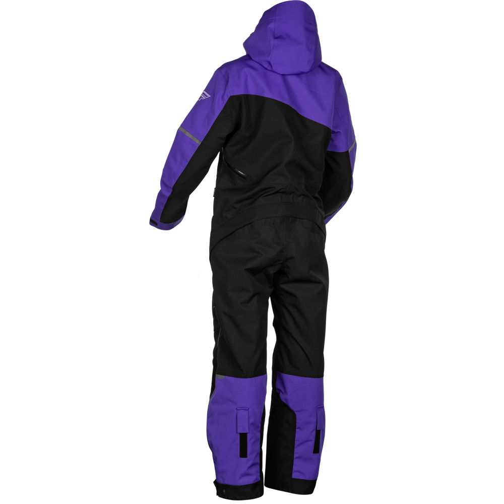 A children's hooded snowsuit shown from the back, featuring a color-blocked design with a purple hood and upper back, black body and legs, and purple lower leg panels.