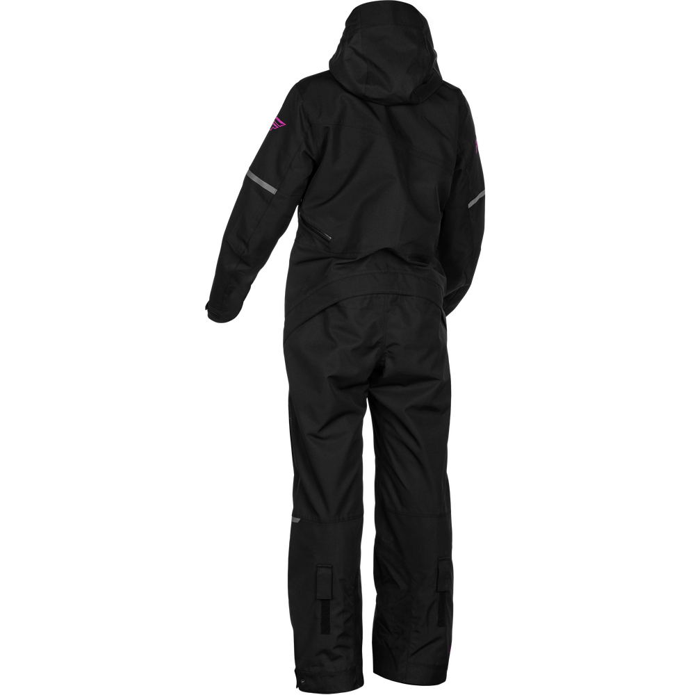 Black hooded snowsuit shown from the back, featuring reflective silver stripes on the sleeves and a small pink logo on the upper left shoulder, displayed on a solid white background.