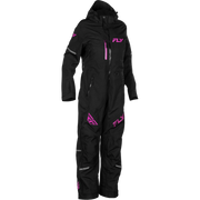 A black one-piece snowmobile suit with bright pink 'FLY' logos and reflective gray stripes, shown on a white background.