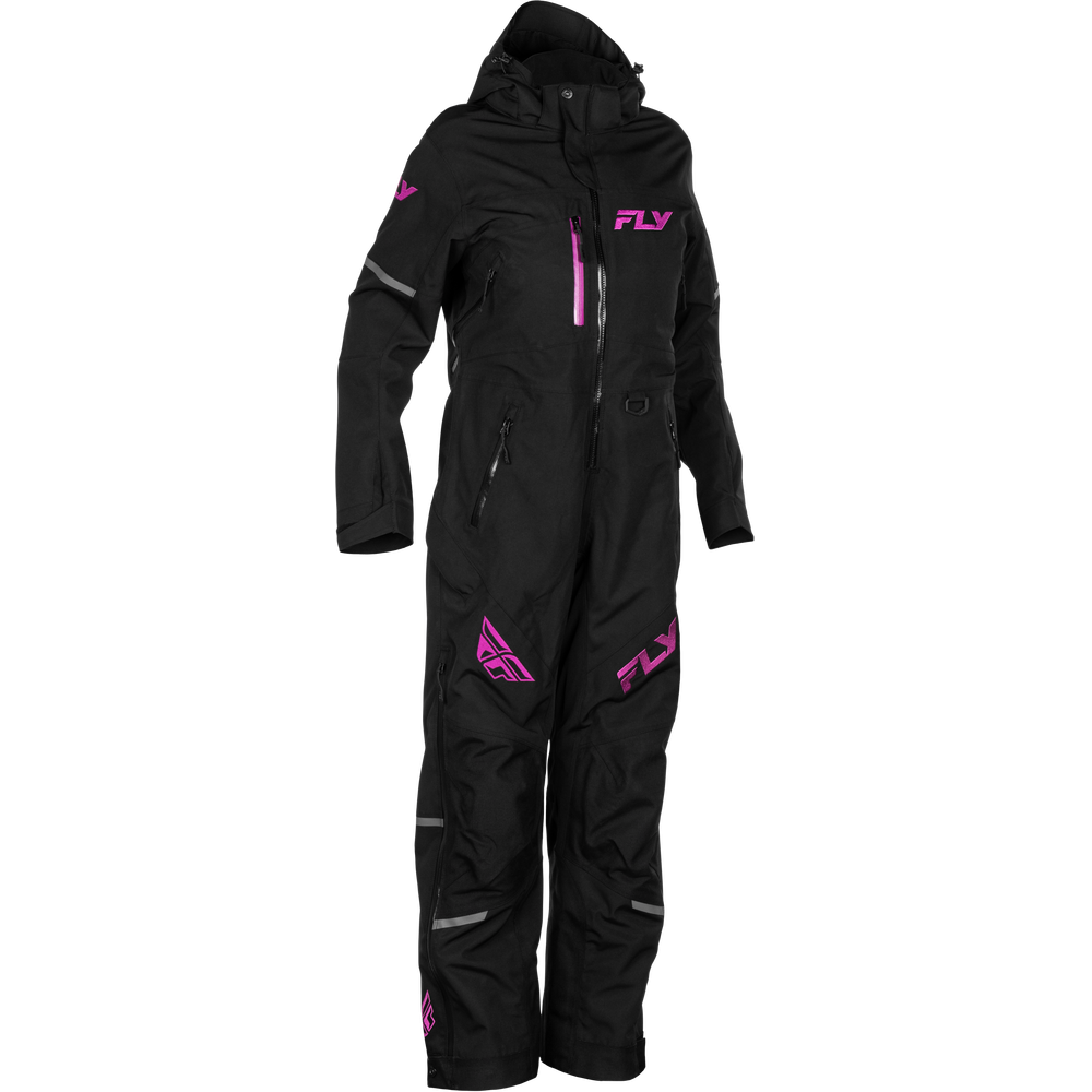 A black one-piece snowmobile suit with bright pink 'FLY' logos and reflective gray stripes, shown on a white background.