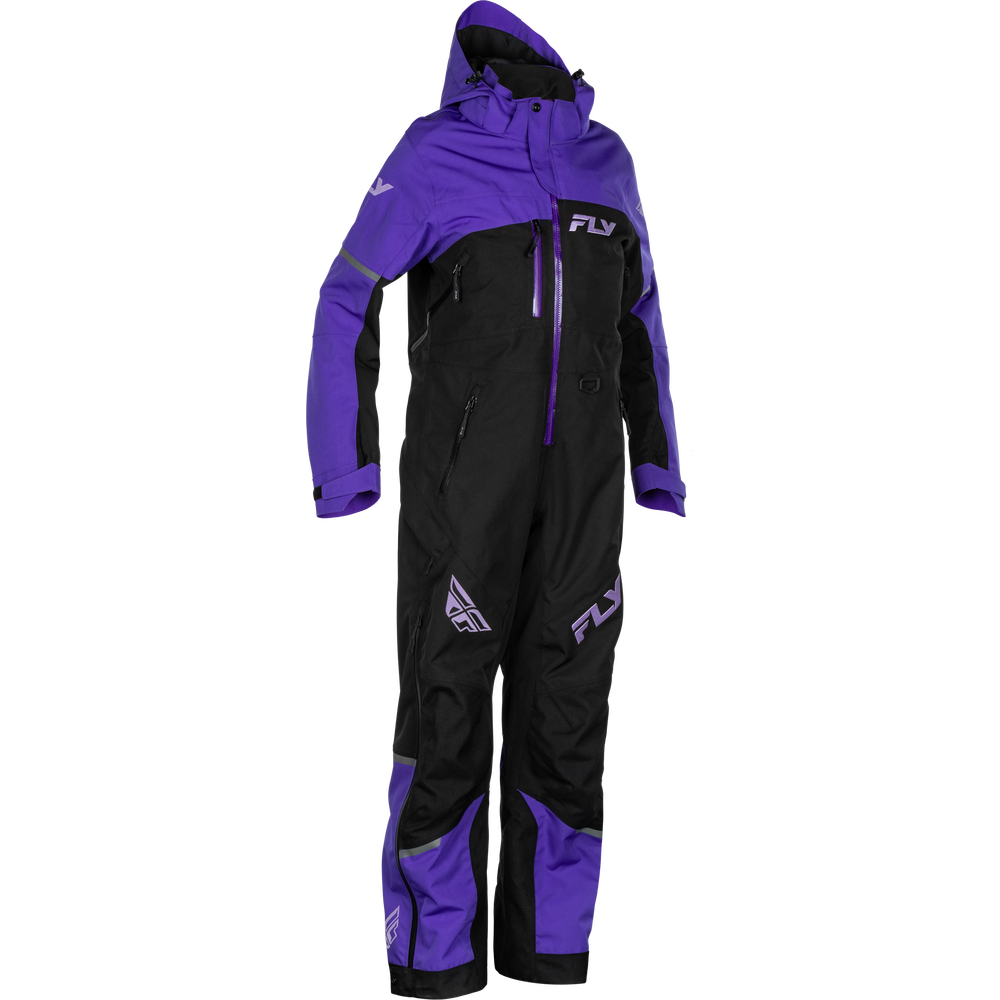 A one-piece snowsuit in black and purple with the brand name 'FLY' visible on the chest and legs, shown against a plain white background.