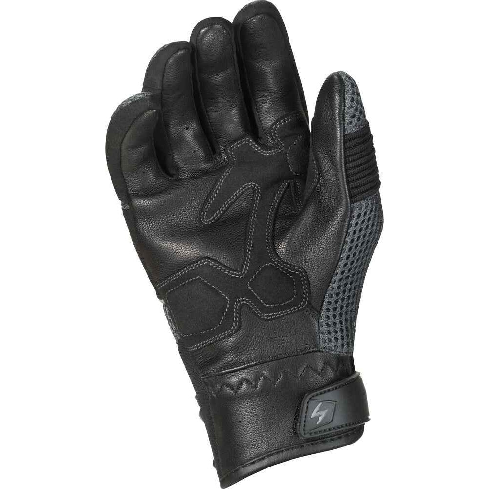 Black glove with textured palm and wrist on a white background