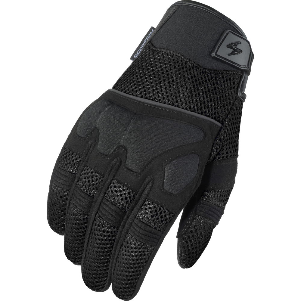Black motorcycle glove with mesh accents on a white background