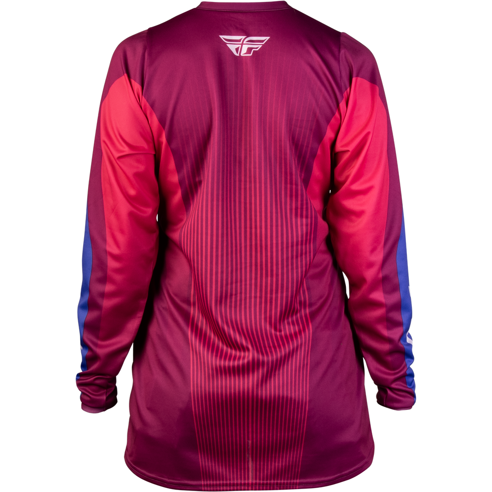 The back view of a long-sleeve athletic jersey in a deep magenta-purple color, featuring vertical ribbed texture on the back, bright pink panels on the upper back and sleeves, blue down the sides of the sleeves, and a white stylized wing logo on the upper neck.