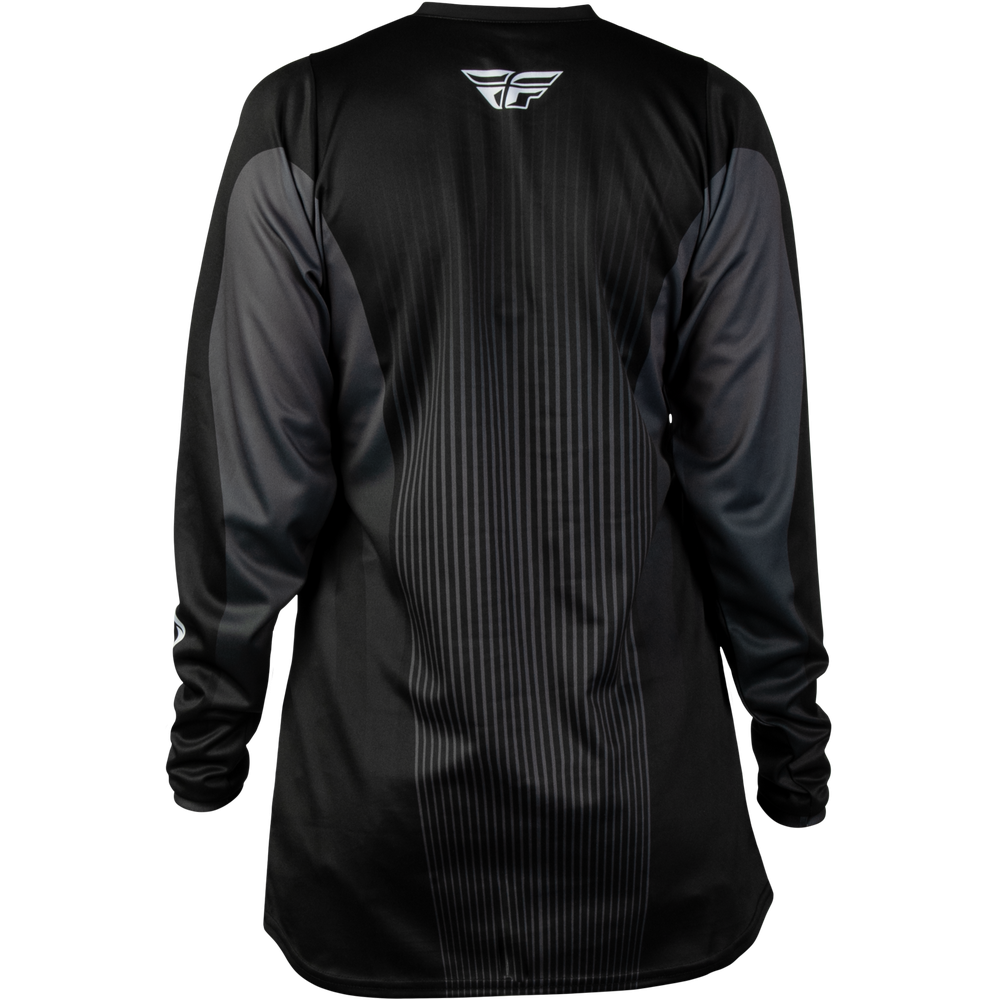 Black long-sleeve athletic jersey with subtle vertical pinstripes on the front, contrasting dark gray sleeves, and a white stylized wing logo printed on the upper back.