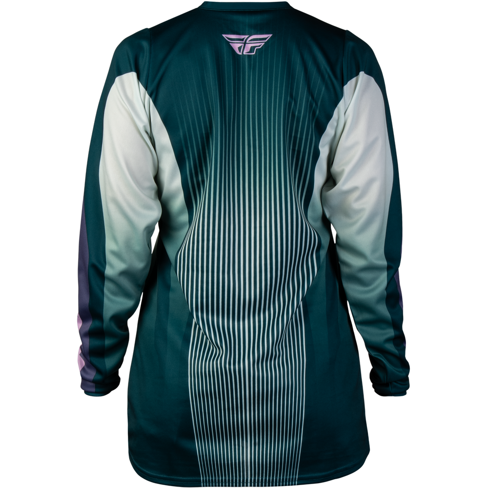 A long-sleeve athletic jersey shown from the back, featuring a dark teal body with vertical pinstripes, light gray sleeves, and a purple winged logo on the upper back.
