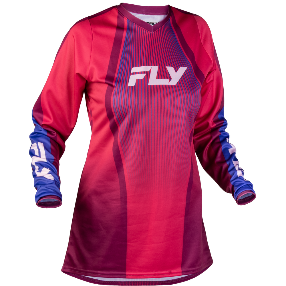 A long-sleeve motocross jersey by FLY, featuring a vibrant red and magenta gradient body with vertical blue pinstripes, blue sleeves, and a white FLY logo on the chest.