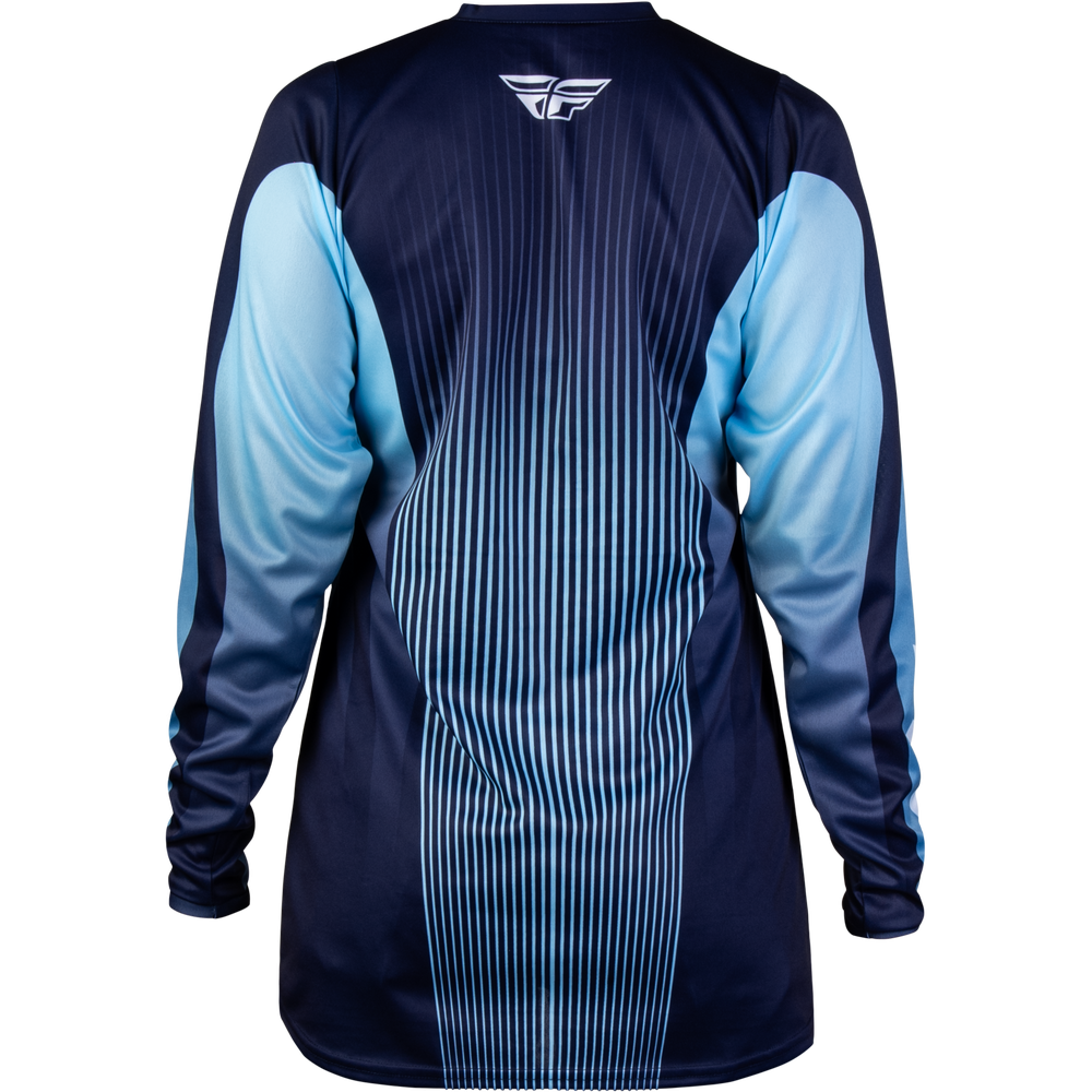 A long-sleeve athletic jersey shown from the back, featuring a dark navy base with vertical pinstripes, light blue sleeves, and a white stylized wing logo centered at the upper back.