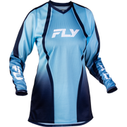 A light blue and navy long-sleeve athletic jersey with vertical ribbing, featuring a white 'FLY' logo on the chest and 'FLY' text on the sleeves, shown on a plain white background.
