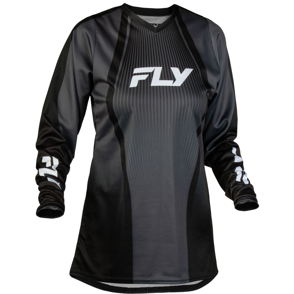 A black and dark gray long-sleeve athletic jersey with a ribbed texture, featuring a white 'FLY' logo on the chest and white graphics on the sleeves, shown against a plain white background.