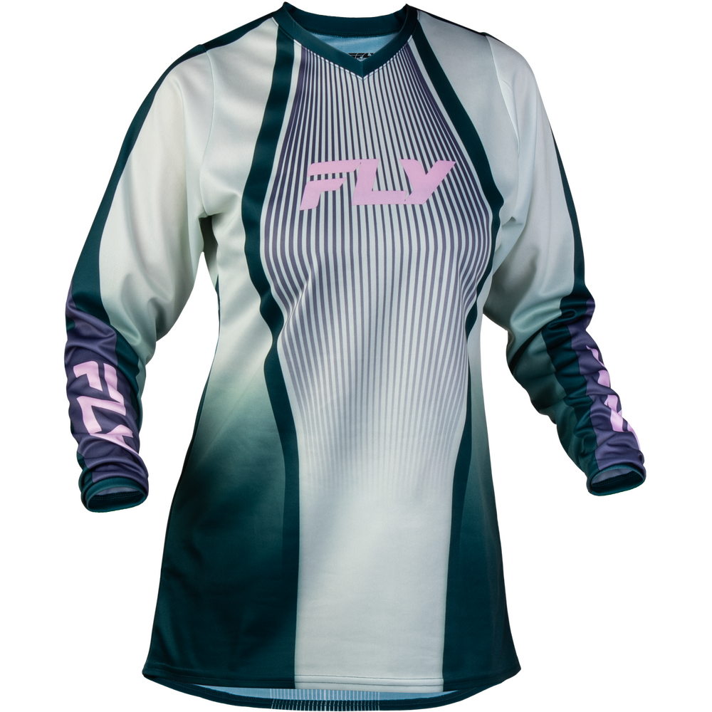 A long-sleeve athletic jersey with a white and dark teal gradient design, featuring vertical pinstripes on the chest, a pink 'FLY' logo on the front, and matching pink logos on the sleeves.