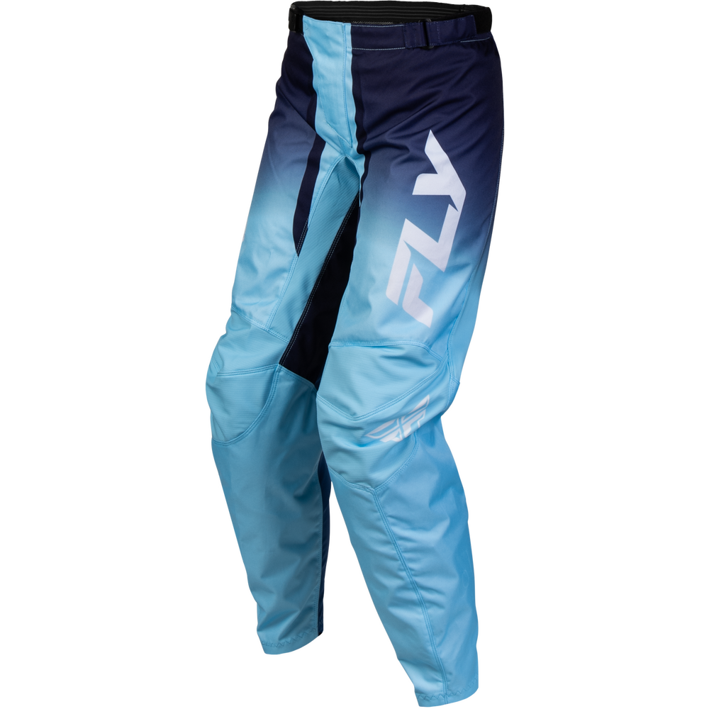 Light blue and navy gradient motocross pants with a large white 'FLY' logo on the left leg, shown against a plain white background.