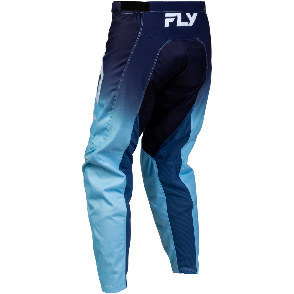 Blue and navy gradient motocross pants with a white FLY logo on the back waistband, shown against a plain white background.