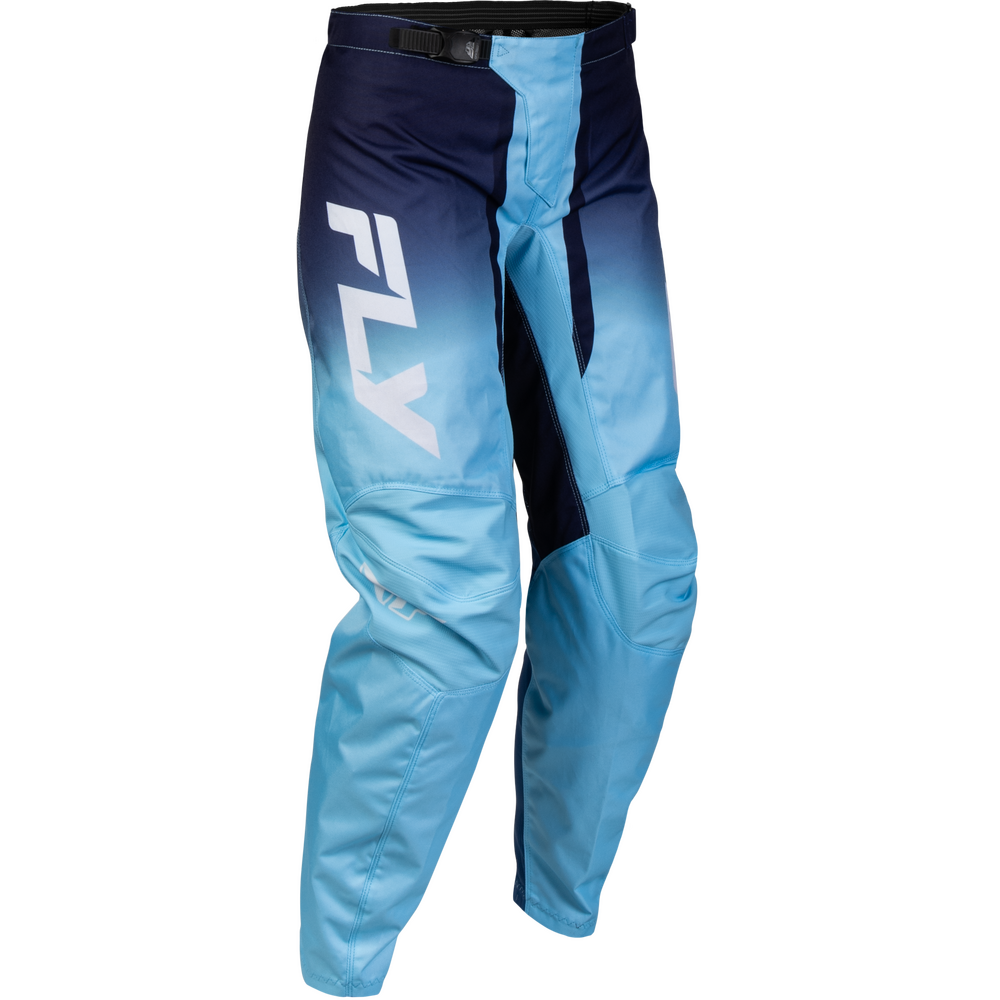 Light blue and navy gradient motocross pants with a large white 'FLY' logo on the left thigh, shown against a plain white background.