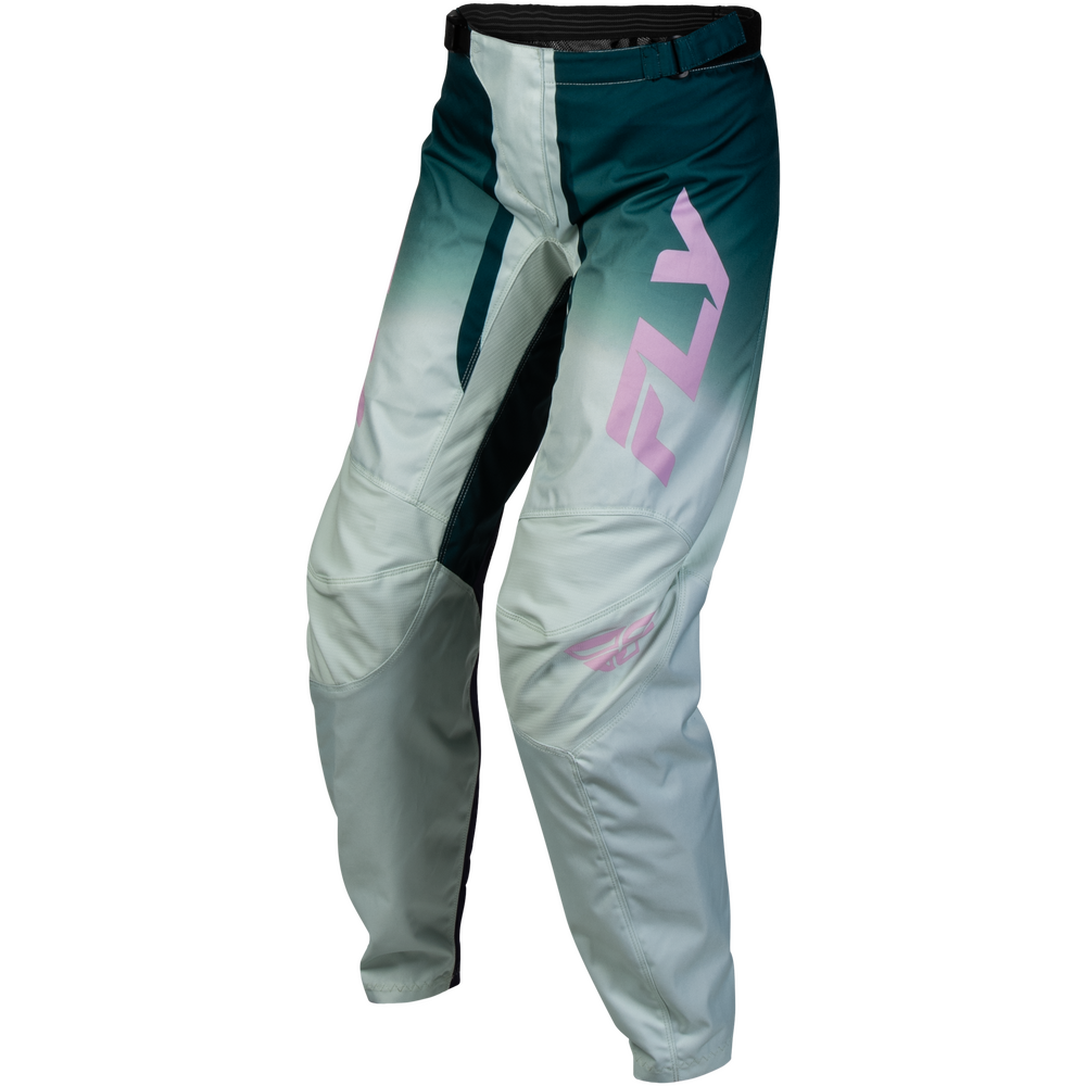 A pair of Fly motocross pants featuring a color-blocked design with dark teal, light gray, and pink accents, shown against a plain white background.