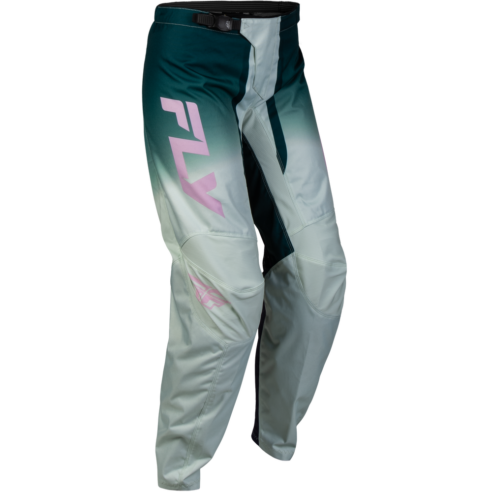 Fly motocross pants in a dark teal green and light gray gradient with a pink 'FLY' logo on the left thigh, shown on a white background.