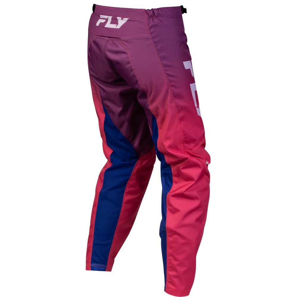 A pair of motocross pants by FLY, featuring a color-blocked design with a purple-to-pink gradient on the upper leg and thigh, and solid blue panels on the lower legs.