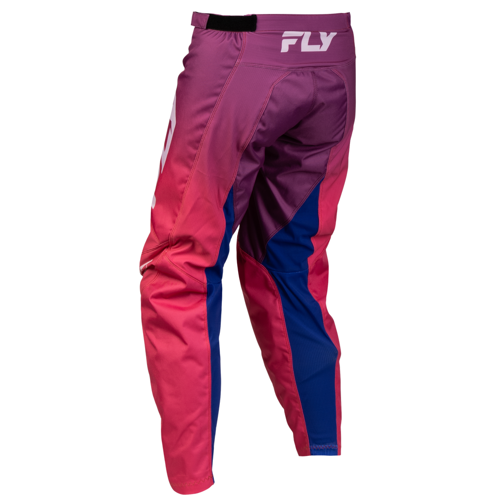 A pair of motocross pants in a color-blocked design of magenta, dark purple, and royal blue, featuring a white 'FLY' logo on the back waistband.