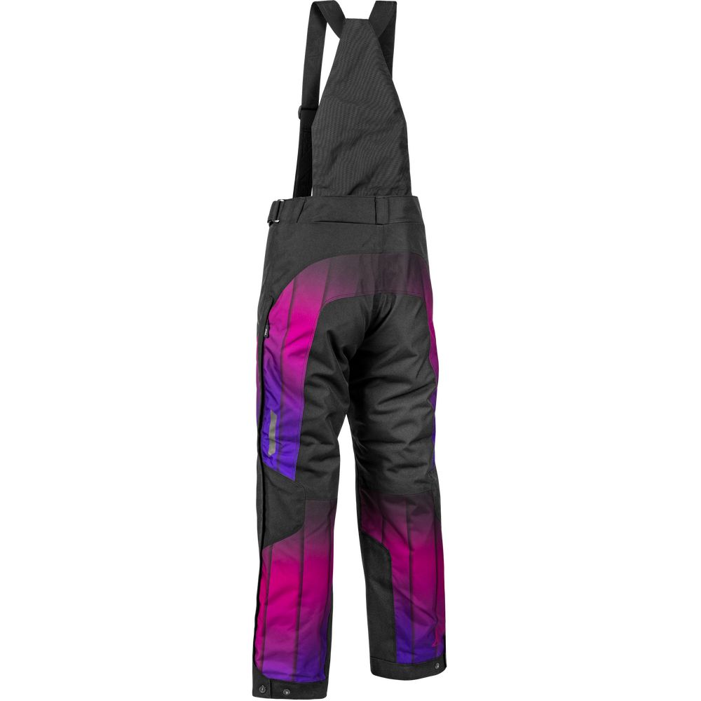 Black bib snow pants with a vibrant magenta and purple gradient pattern on the lower legs, shown against a plain white background.