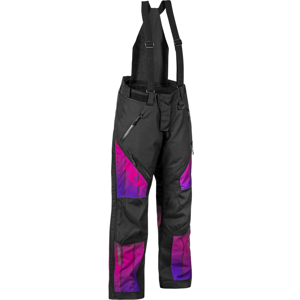 Black snow bib pants with vibrant purple and pink gradient panels on the legs, shown against a plain white background.