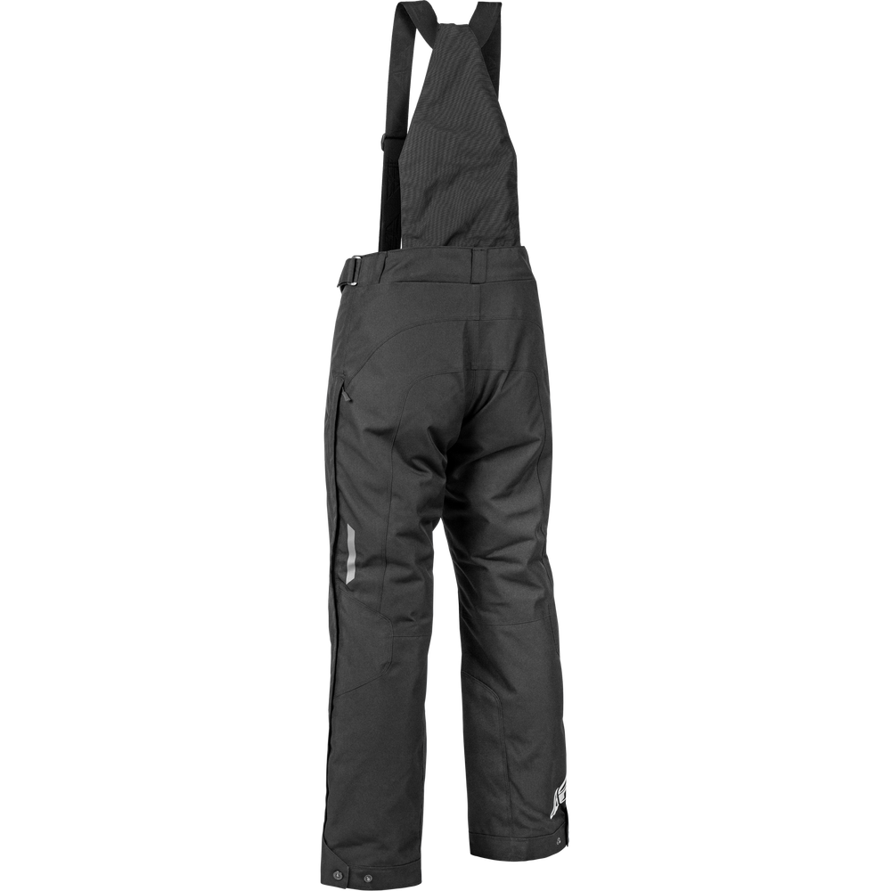 Black snow bib pants with adjustable shoulder straps, shown from the back on a solid white background.