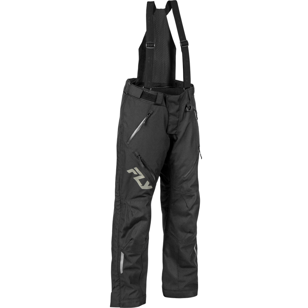 Black fly fishing bib pants with adjustable suspenders, featuring a gray 'FLY' logo on the left thigh and zippered pockets, shown against a plain white background.