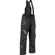Black fly fishing bib pants with adjustable suspenders, featuring a gray 'FLY' logo on the left thigh and zippered pockets, shown against a plain white background.
