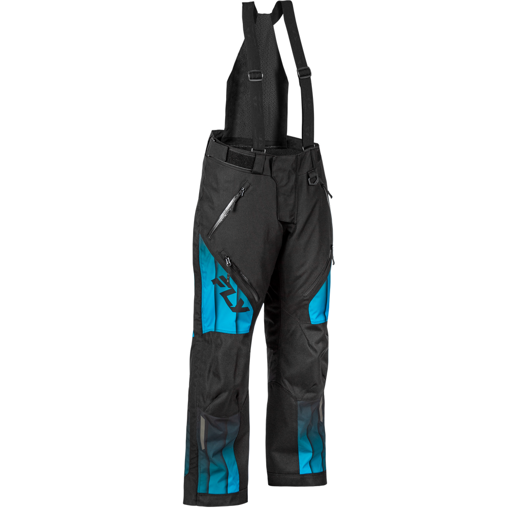 Black technical bib pants with bright blue panels and a black Fly Racing logo on the left thigh, shown on a plain white background.
