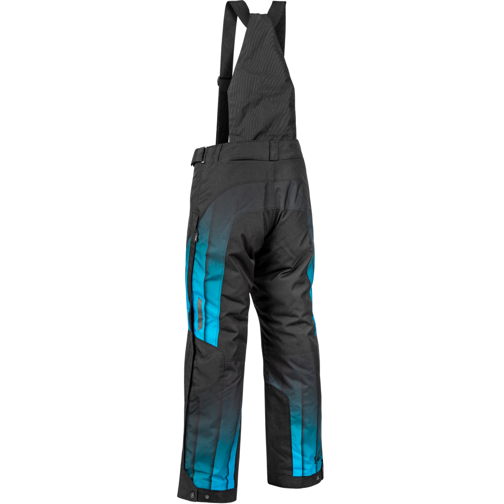 Black snow bib pants with bright blue gradient panels on the sides, shown from the back against a white background.