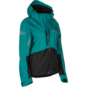 Teal and black jacket with 'Fly' branding on a white background
