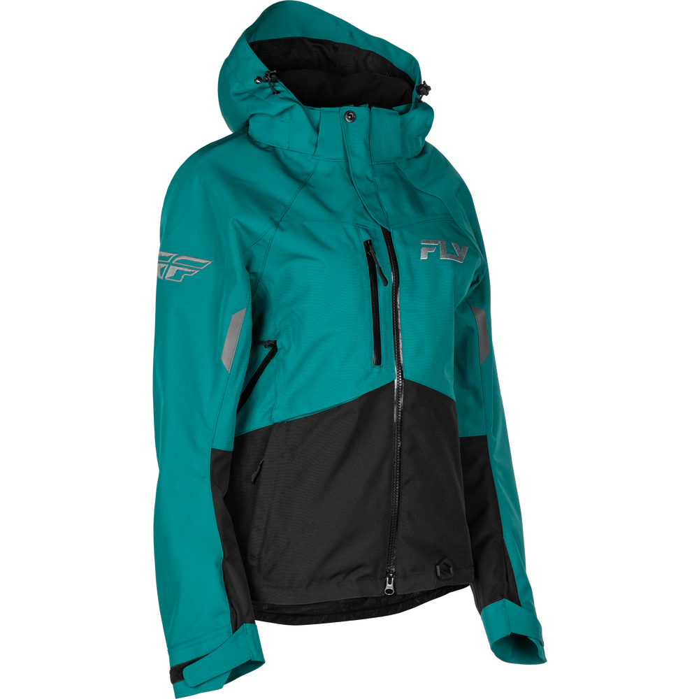 Teal and black jacket with 'Fly' branding on a white background
