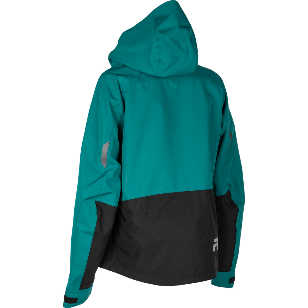 Teal and black jacket with a hood on a white background