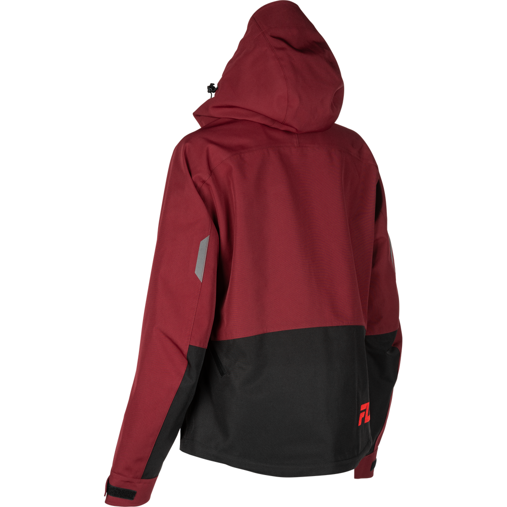 Red and black jacket with a hood on a white background