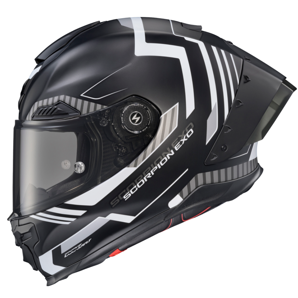 A black full-face motorcycle helmet with white graphic stripes and 'SCORPION EXO' branding, featuring a clear visor, shown on a white background.