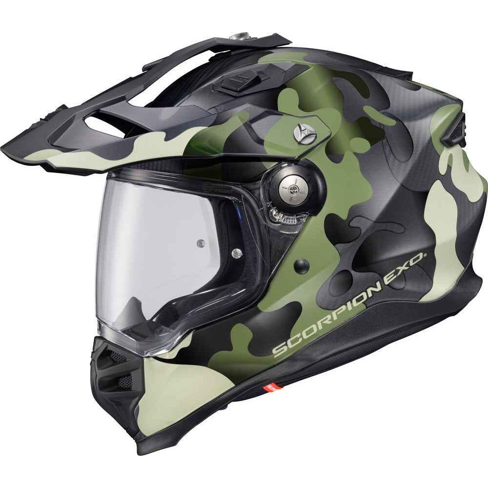 Camouflage motorcycle helmet with clear visor on a white background