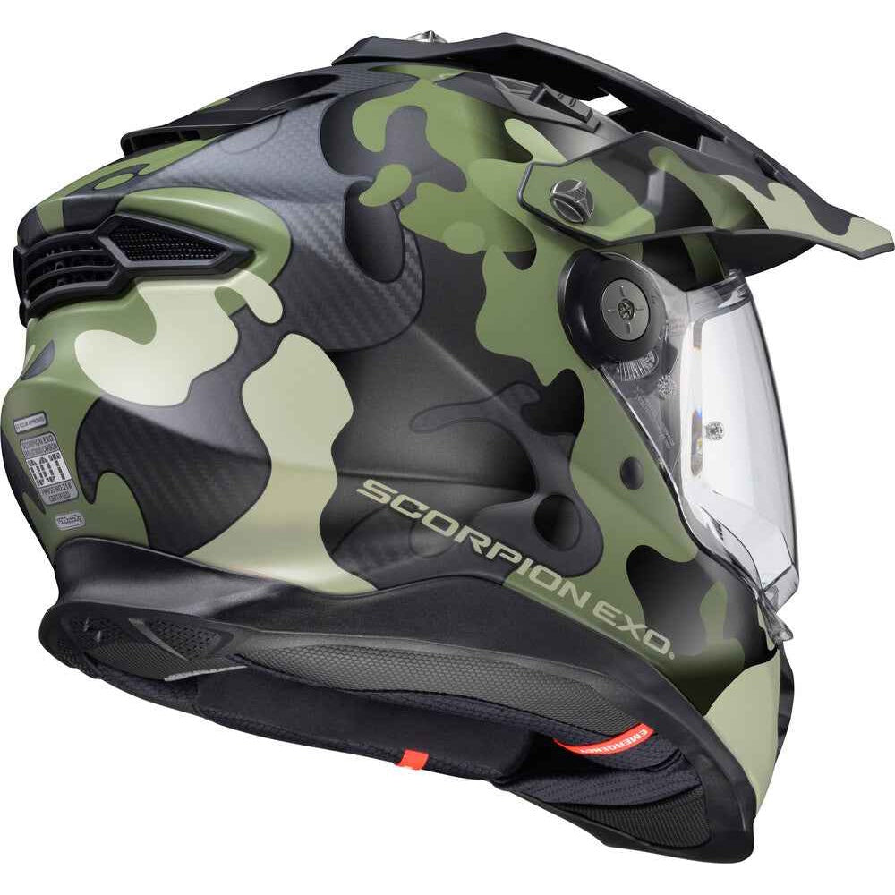 Camouflage motorcycle helmet with visor on a white background