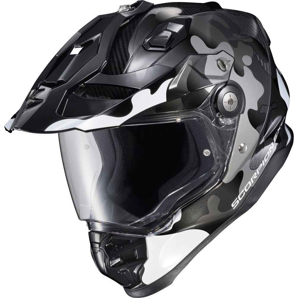 Black and gray motorcycle helmet with clear visor on a white background